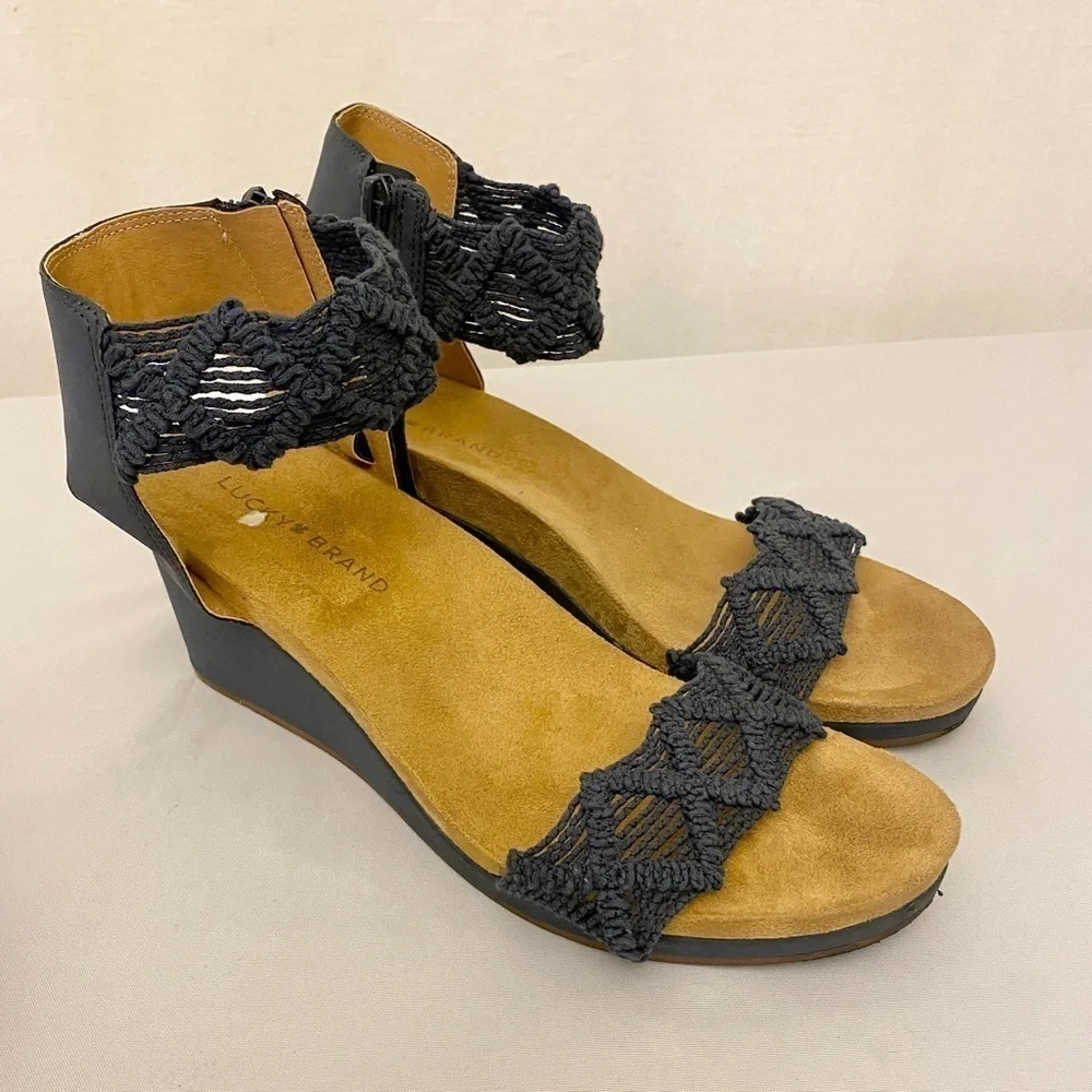 Lucky Brand Kierlo Wedge Sandals Macramé Heels Comfort Shoes Blue Size 9.5